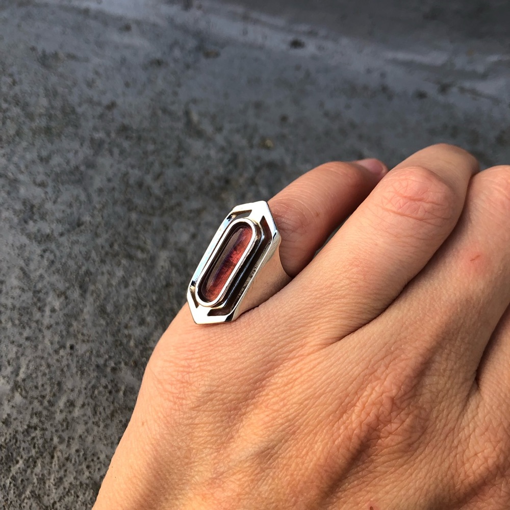 Silver Elongated Hexagon Ring with Peach Stone - Picture 1 of 15